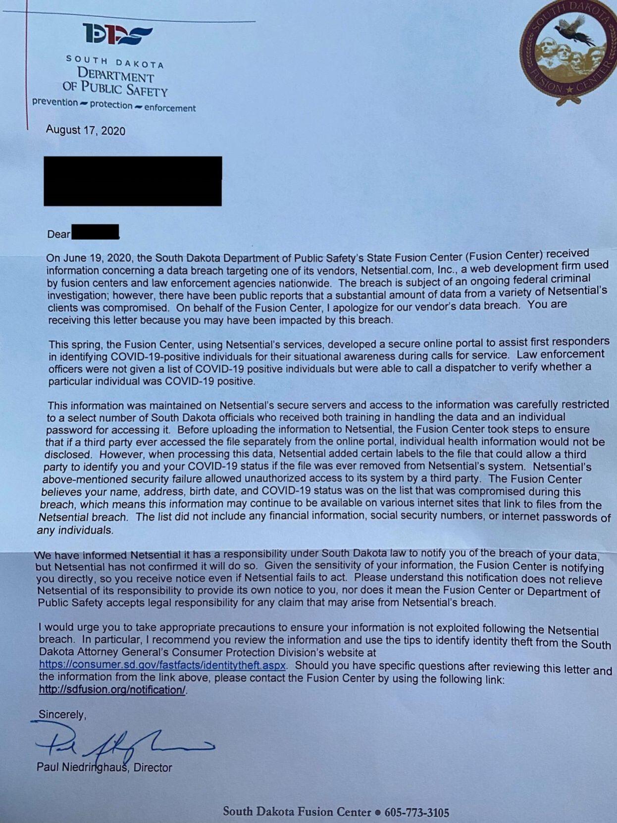 DPS SD breach letter patient data breach